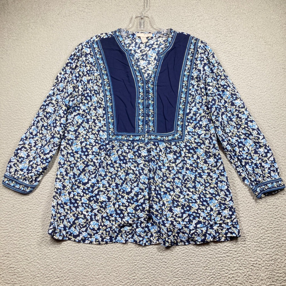 Woman Within Blouse Women 18/20 L Blue Floral Boho Button Front Cottage core